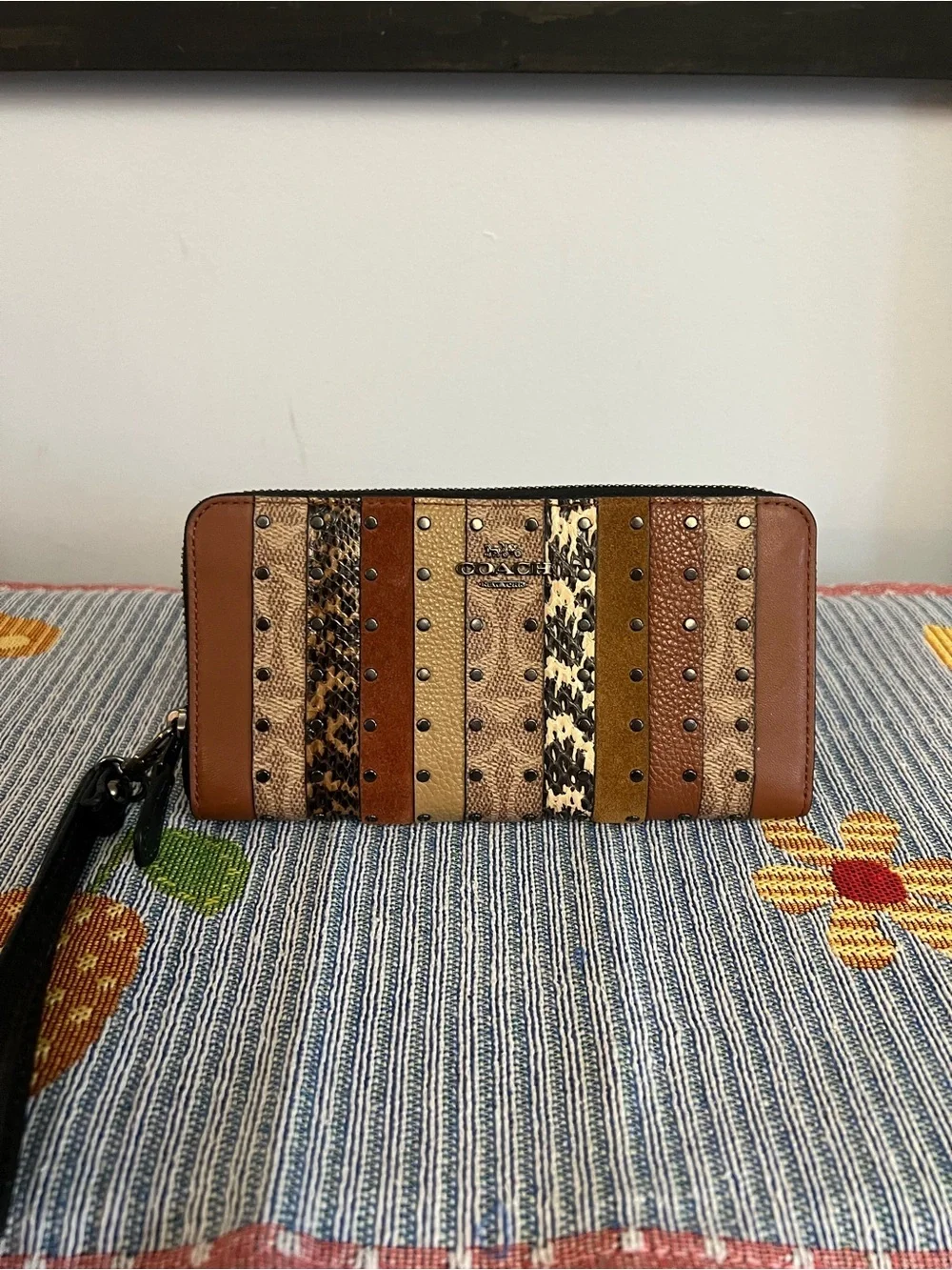 Coach EUC Accordion Zip Wallet Wristlet Patchwork and Snake Skin Detail